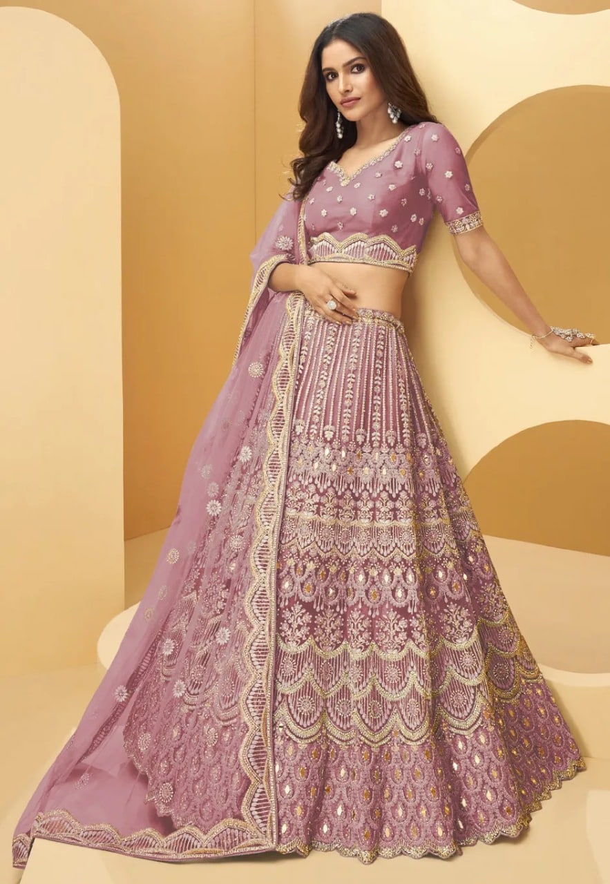 Light Purple Lehenga Choli In Butterfly Mono Net With Chain Stitch Work