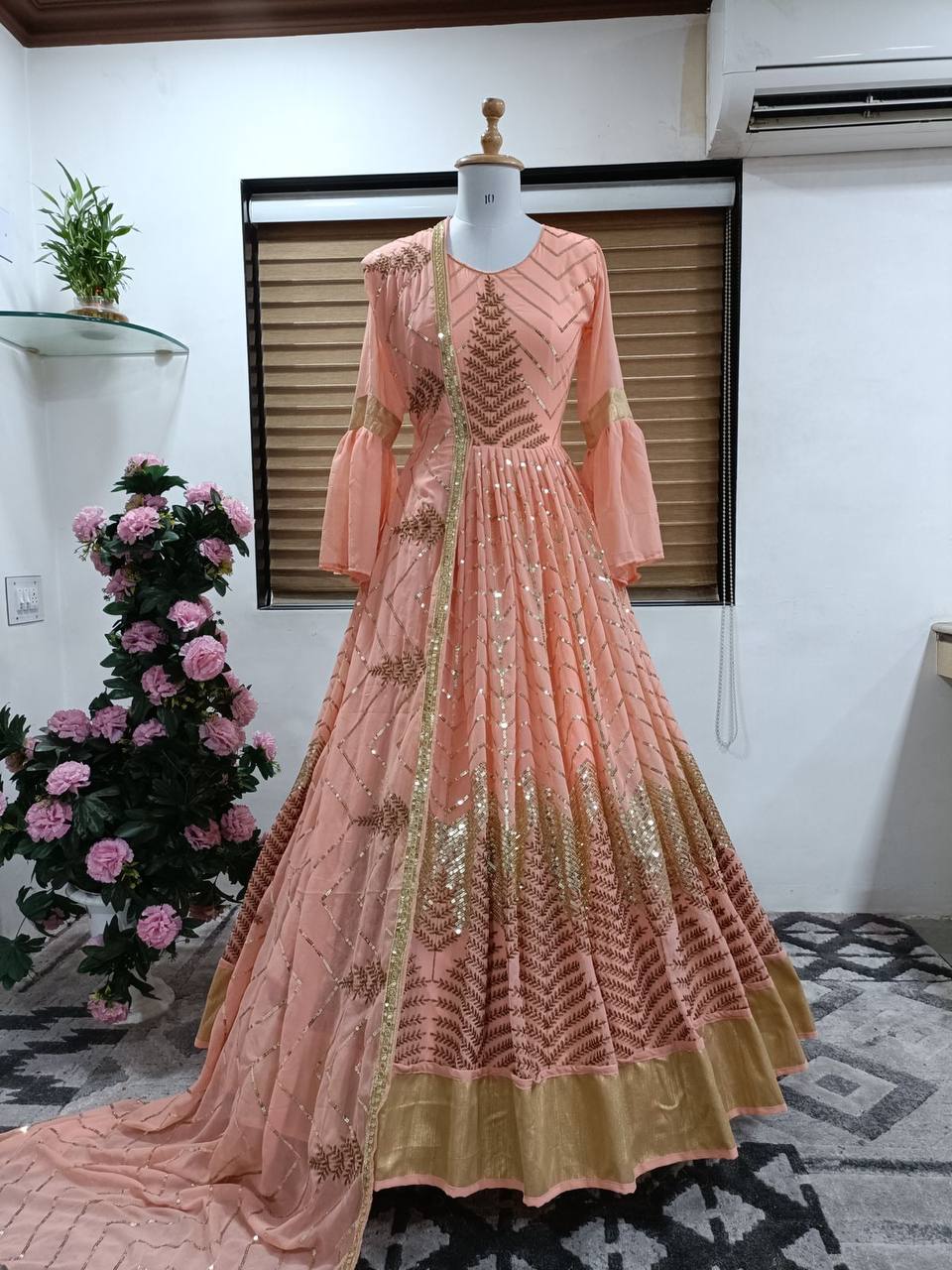 Peach Gown In Faux Georgette With Heavy Sequence Embroidery Work