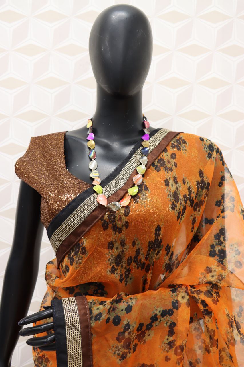 Orange Saree In Organza Silk With Digital Print