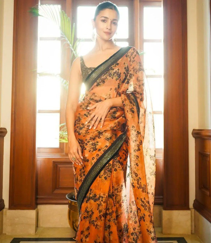 Orange Saree In Organza Silk With Digital Print