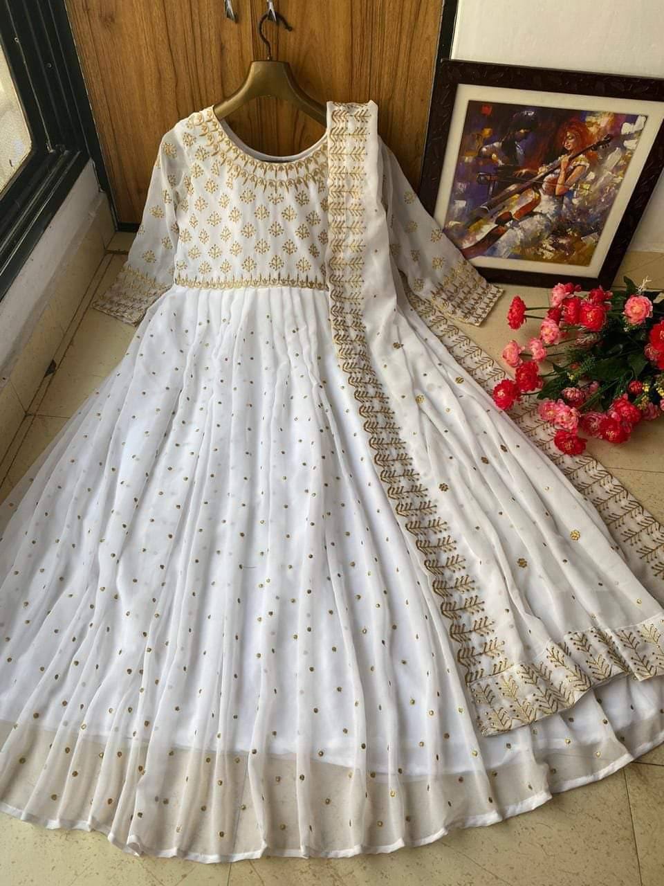 White Anarkali Suit In Georgette Silk With Embroidery Work