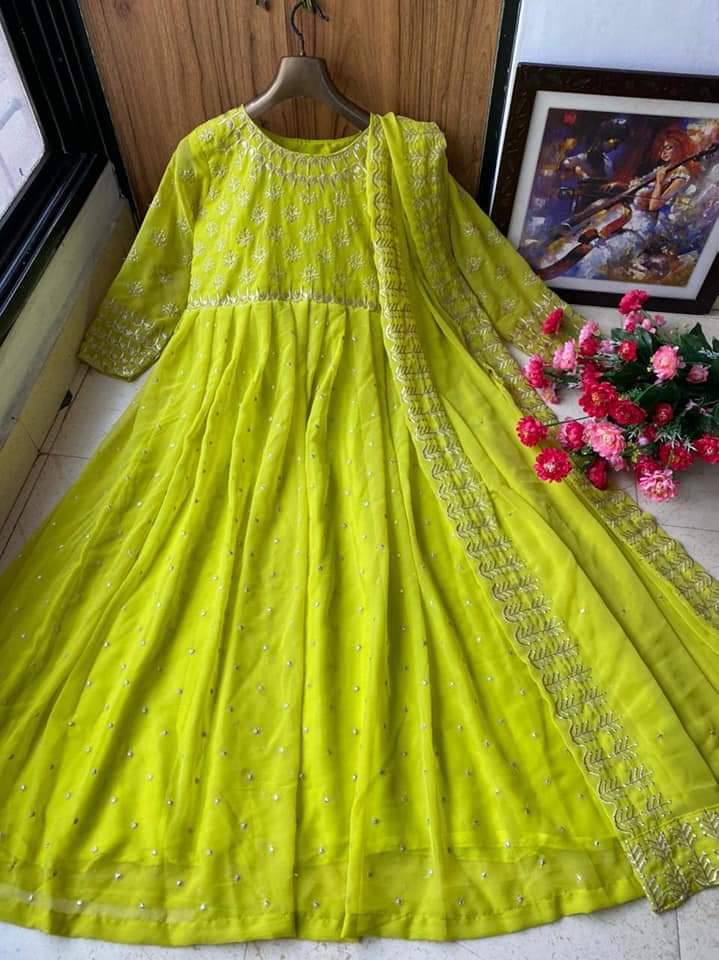 Parrot Green Anarkali Suit In Georgette Silk With Embroidery Work ReplicaVilla