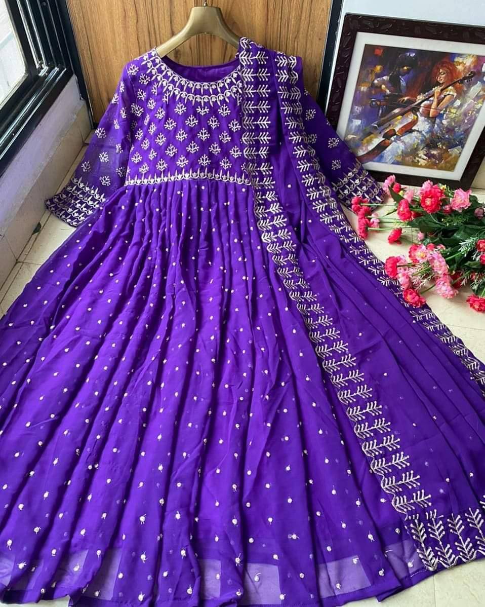 Purple Anarkali Suit In Georgette Silk With Embroidery Work