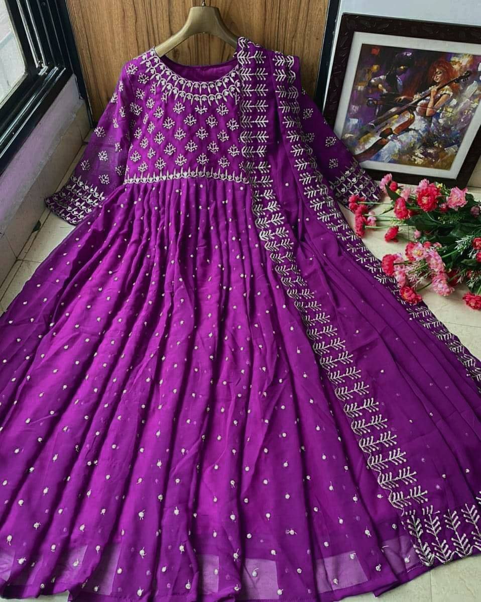 Wine Anarkali Suit In Georgette Silk With Embroidery Work