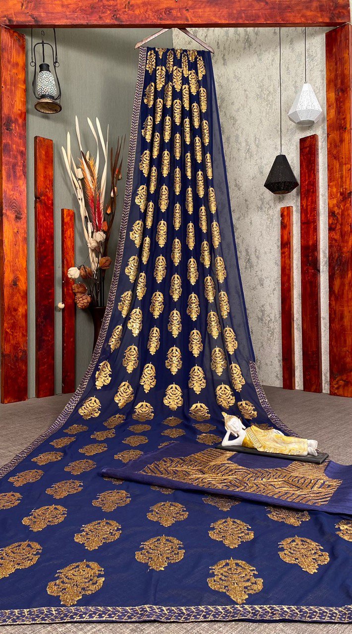 Blue Saree In Fox Georgette With Sequence Work