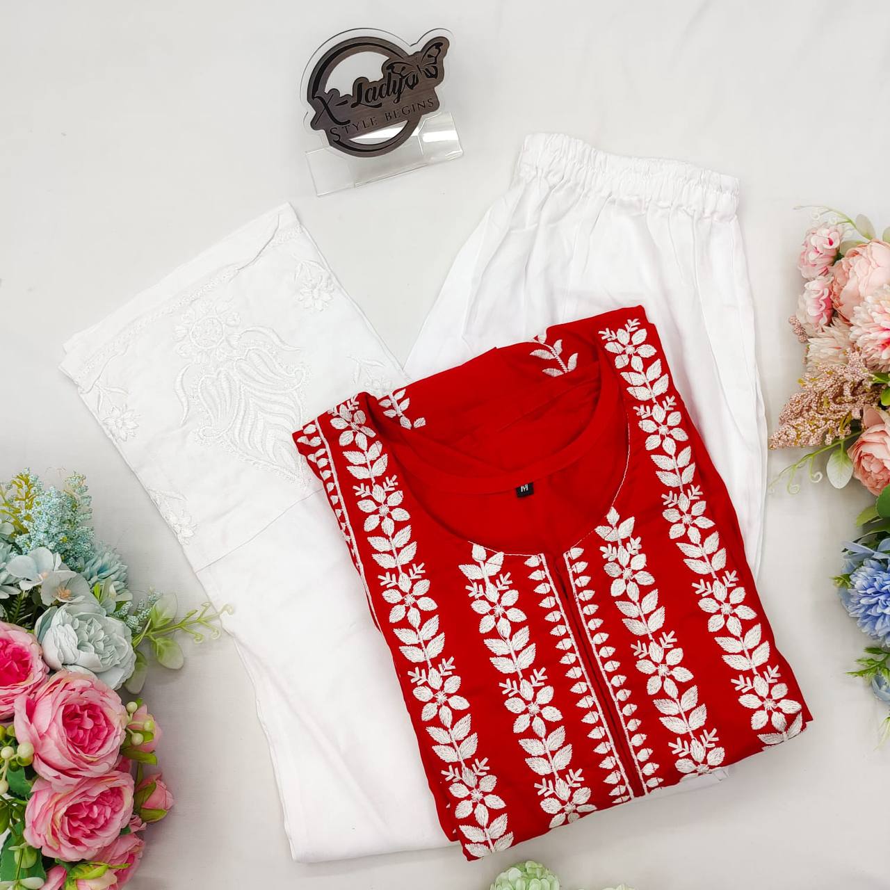 Red Palazzo Suit In Ryon Cotton With Embroidery Work