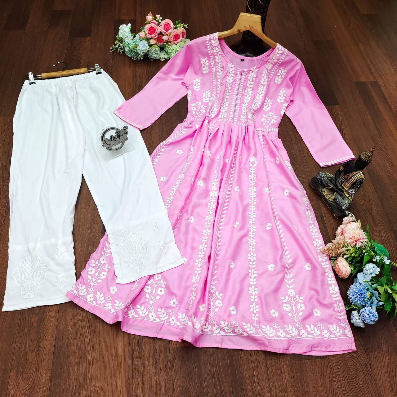 Pink Palazzo Suit In Ryon Cotton With Embroidery Work