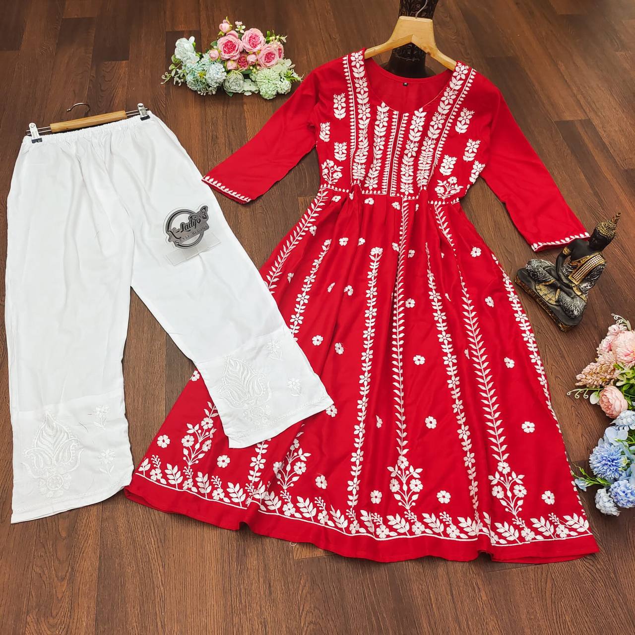 Red Palazzo Suit In Ryon Cotton With Embroidery Work