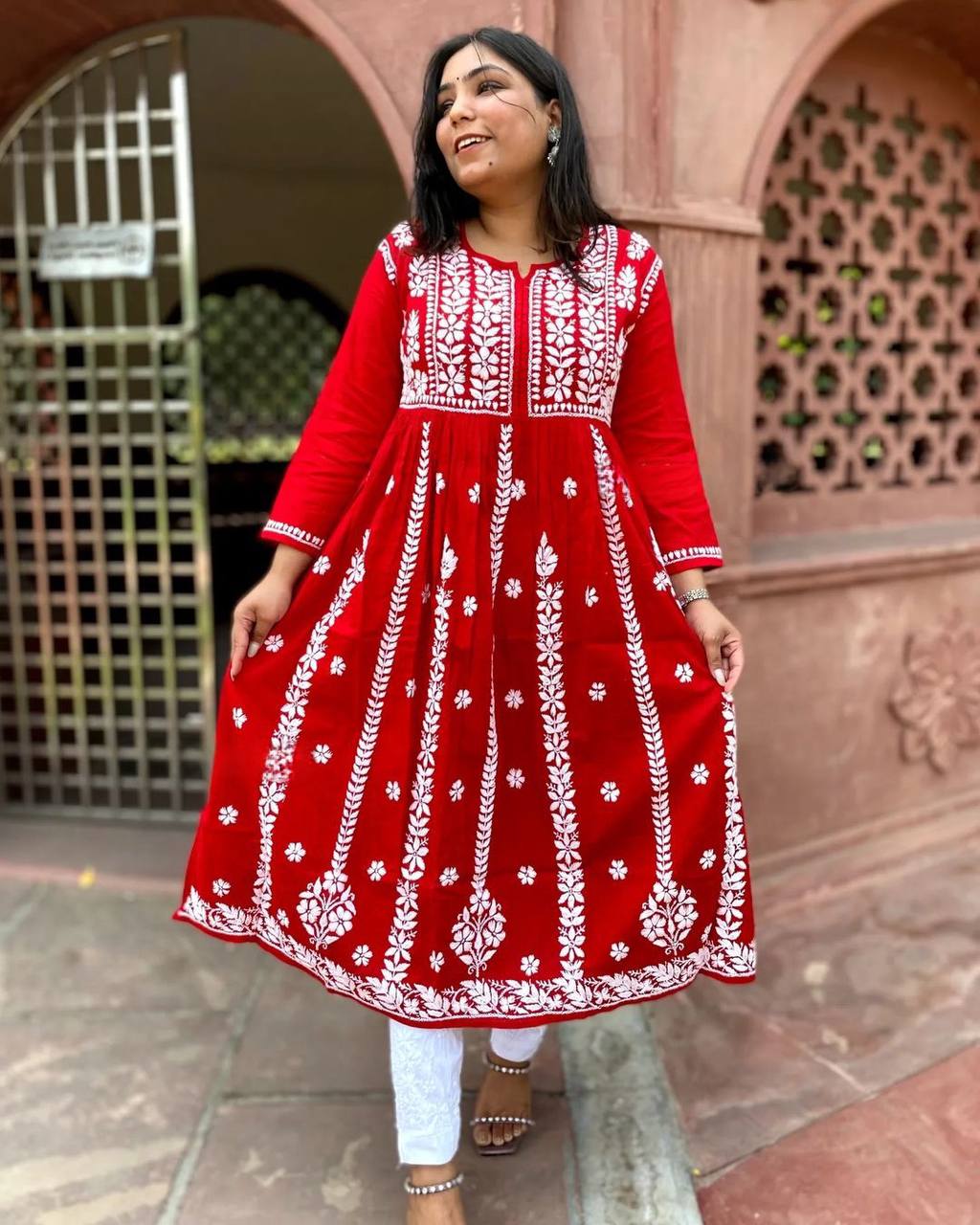 Red Palazzo Suit In Ryon Cotton With Embroidery Work