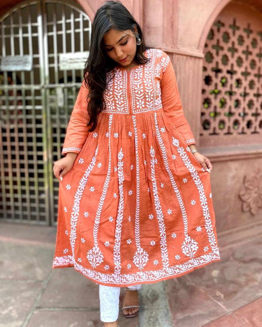 Peach Palazzo Suit In Ryon Cotton With Embroidery Work