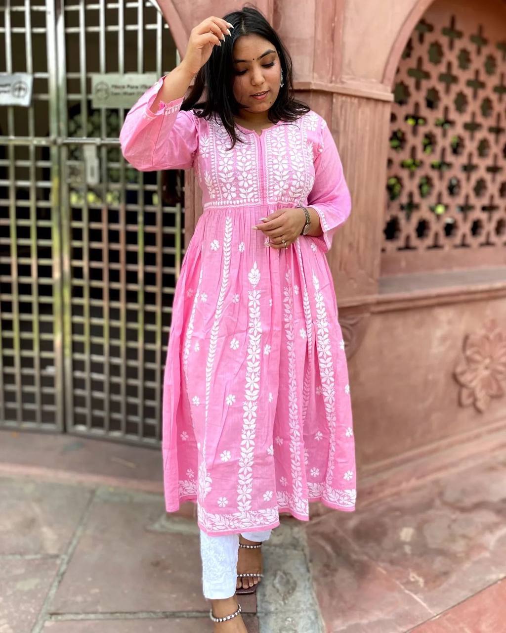 Pink Palazzo Suit In Ryon Cotton With Embroidery Work