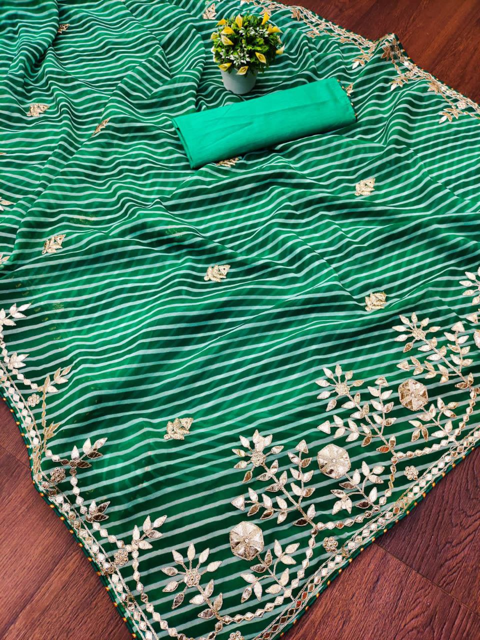 Green Saree In Georgette Silk With Gota Patti Work