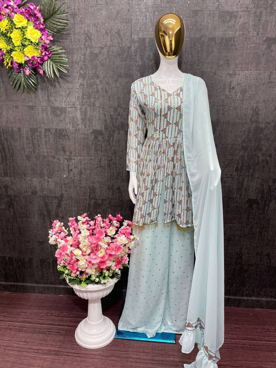 Aqua Palazzo Suit In Georgette Silk With Embroidery Work