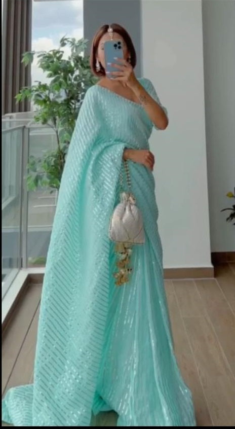 Aqua Saree In Georgette Silk With Gota Patti Work