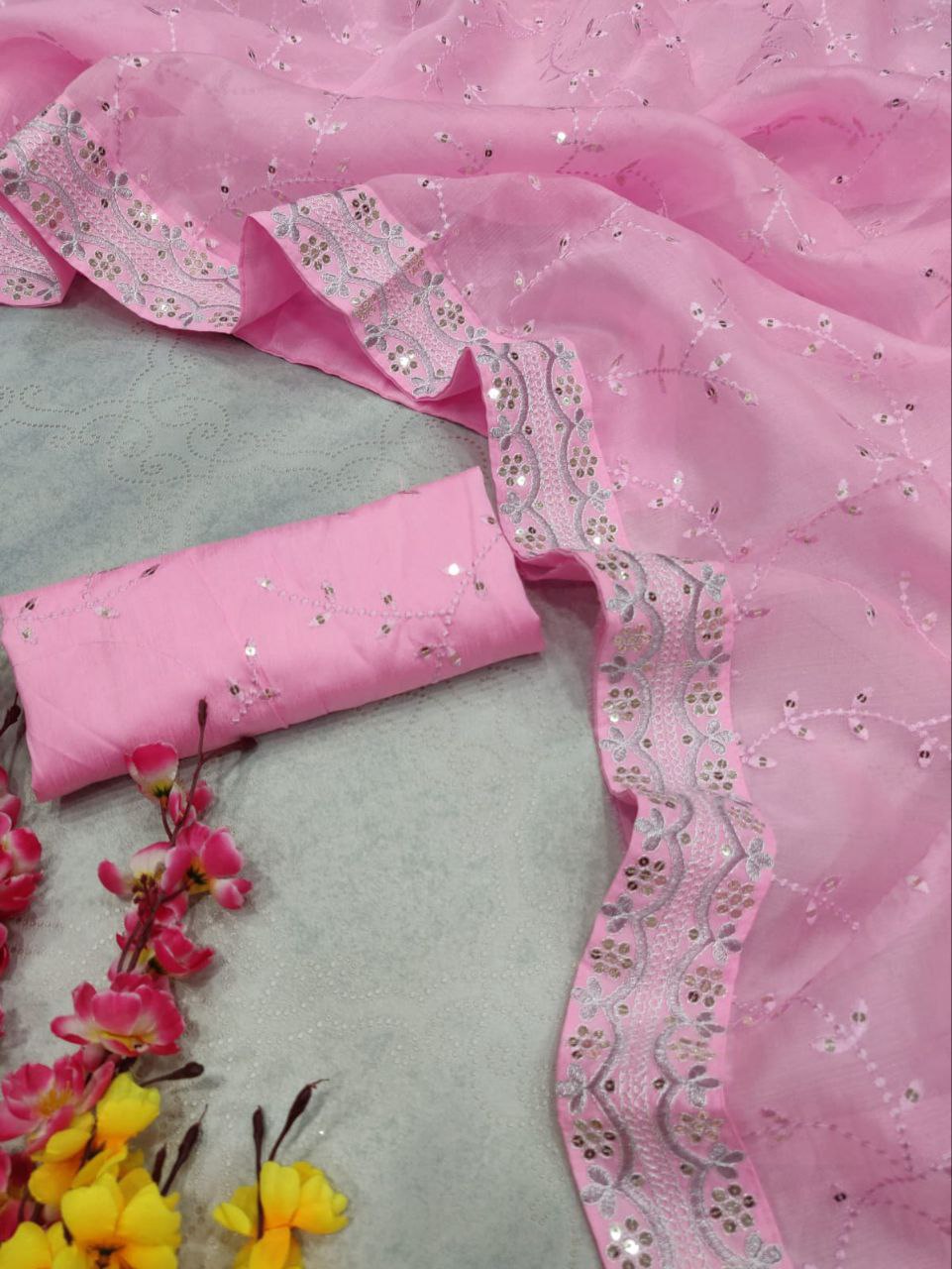 Pink Saree In Organza Silk With Sequence Work