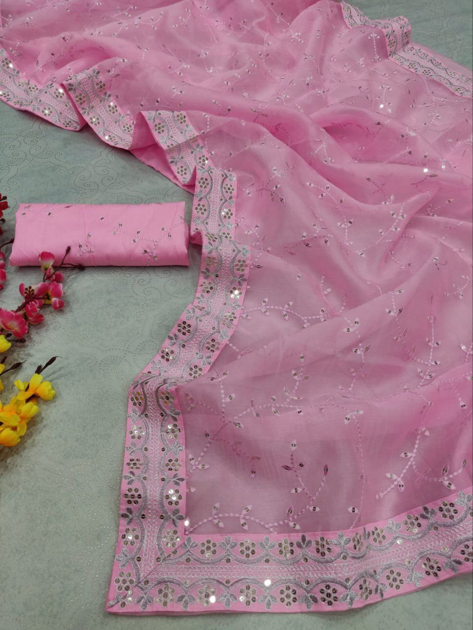 Pink Saree In Organza Silk With Sequence Work