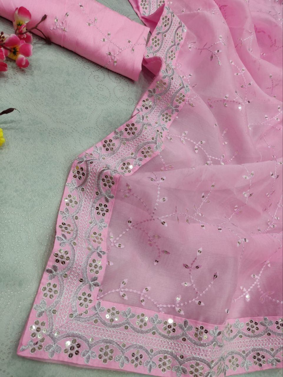 Pink Saree In Organza Silk With Sequence Work