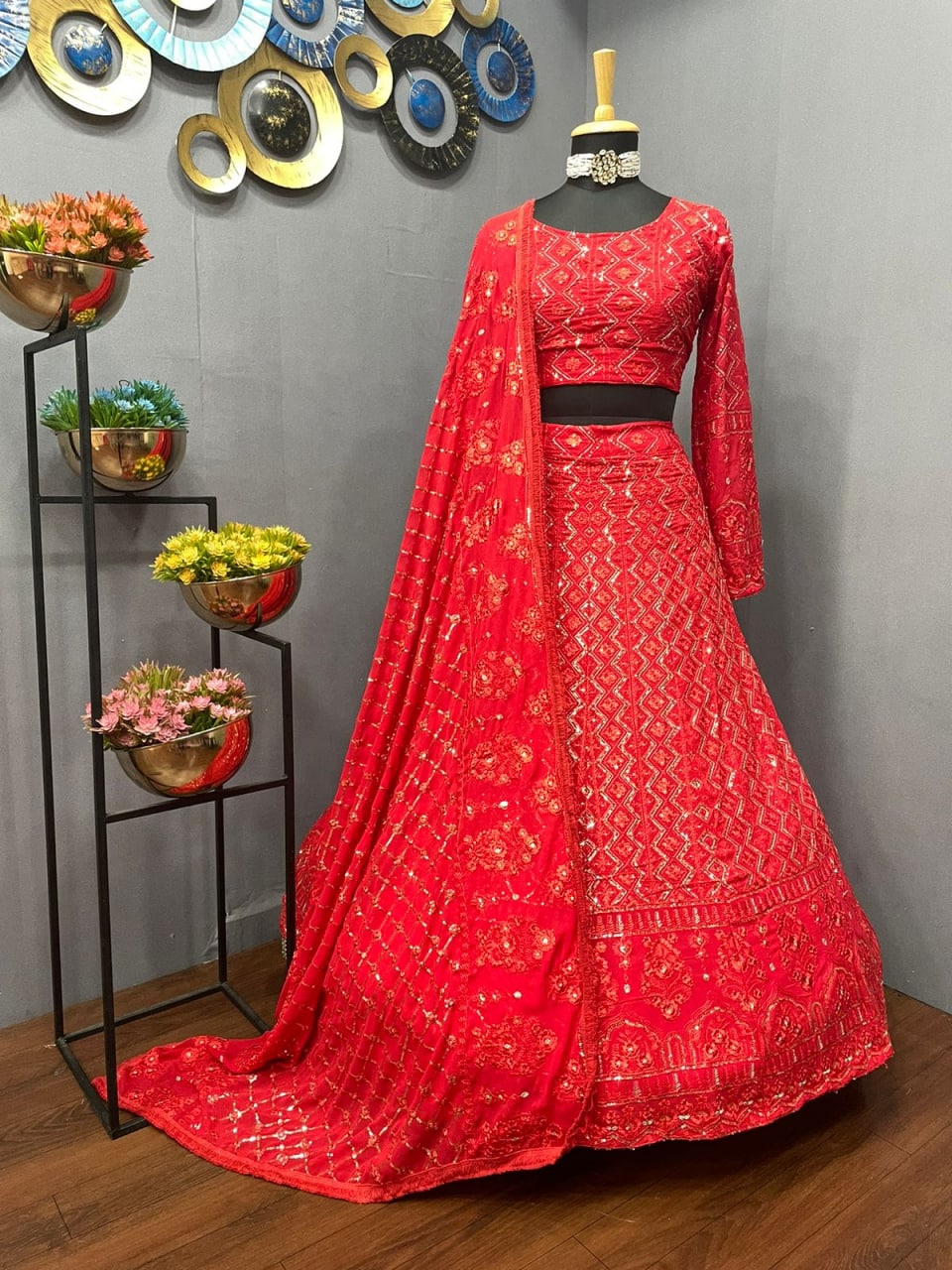 Red Lehenga Choli In Georgette Silk With Embroidery Work