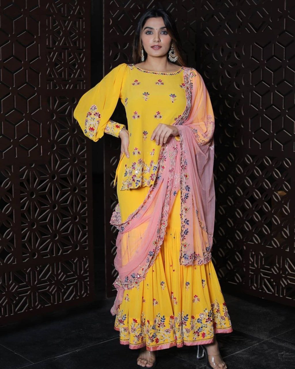 Yellow Sharara Suit In Georgette Silk With Thread Work