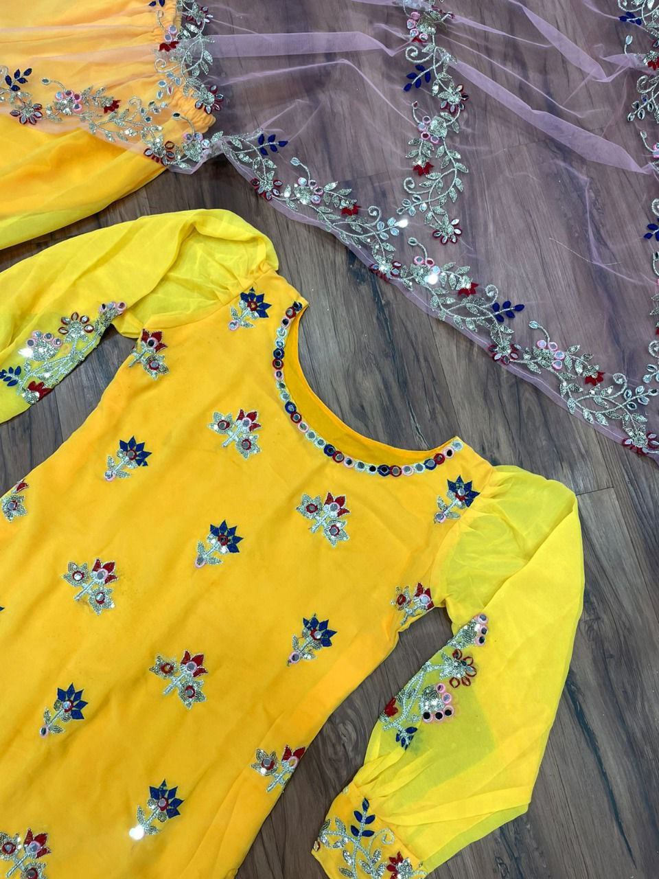 Yellow Sharara Suit In Georgette Silk With Thread Work