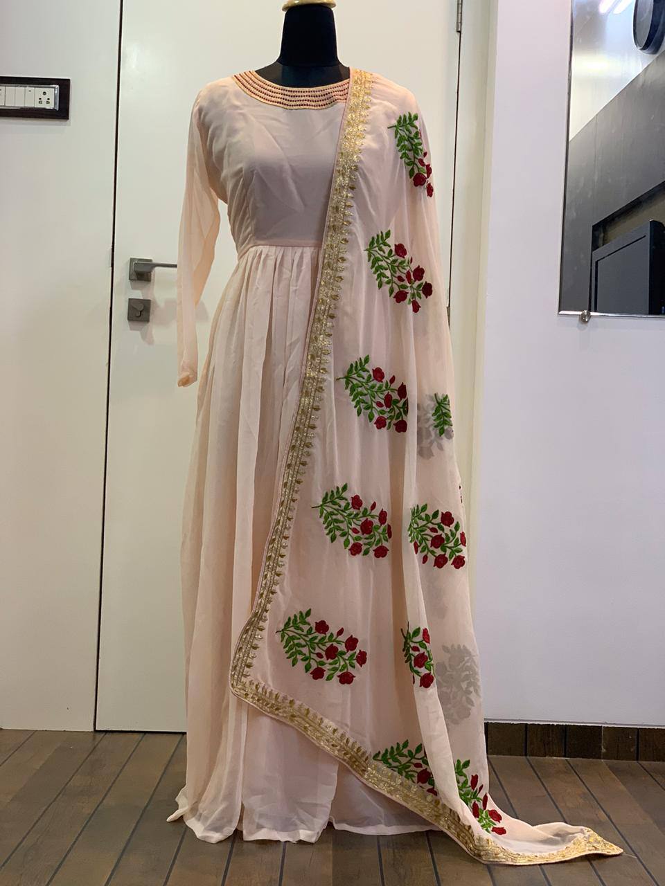 Peach Anarkali Suit In Georgette Silk With Plain