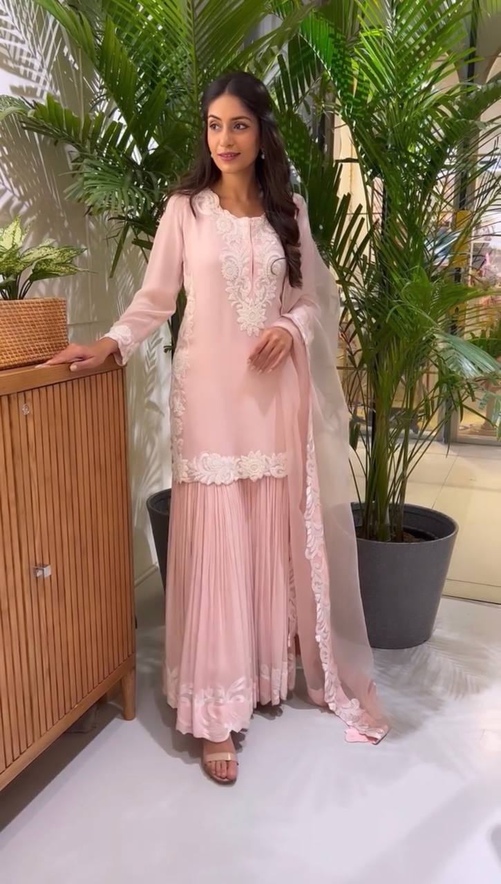 Peach Sharara Suit In Fox Georgette With Embroidery Work