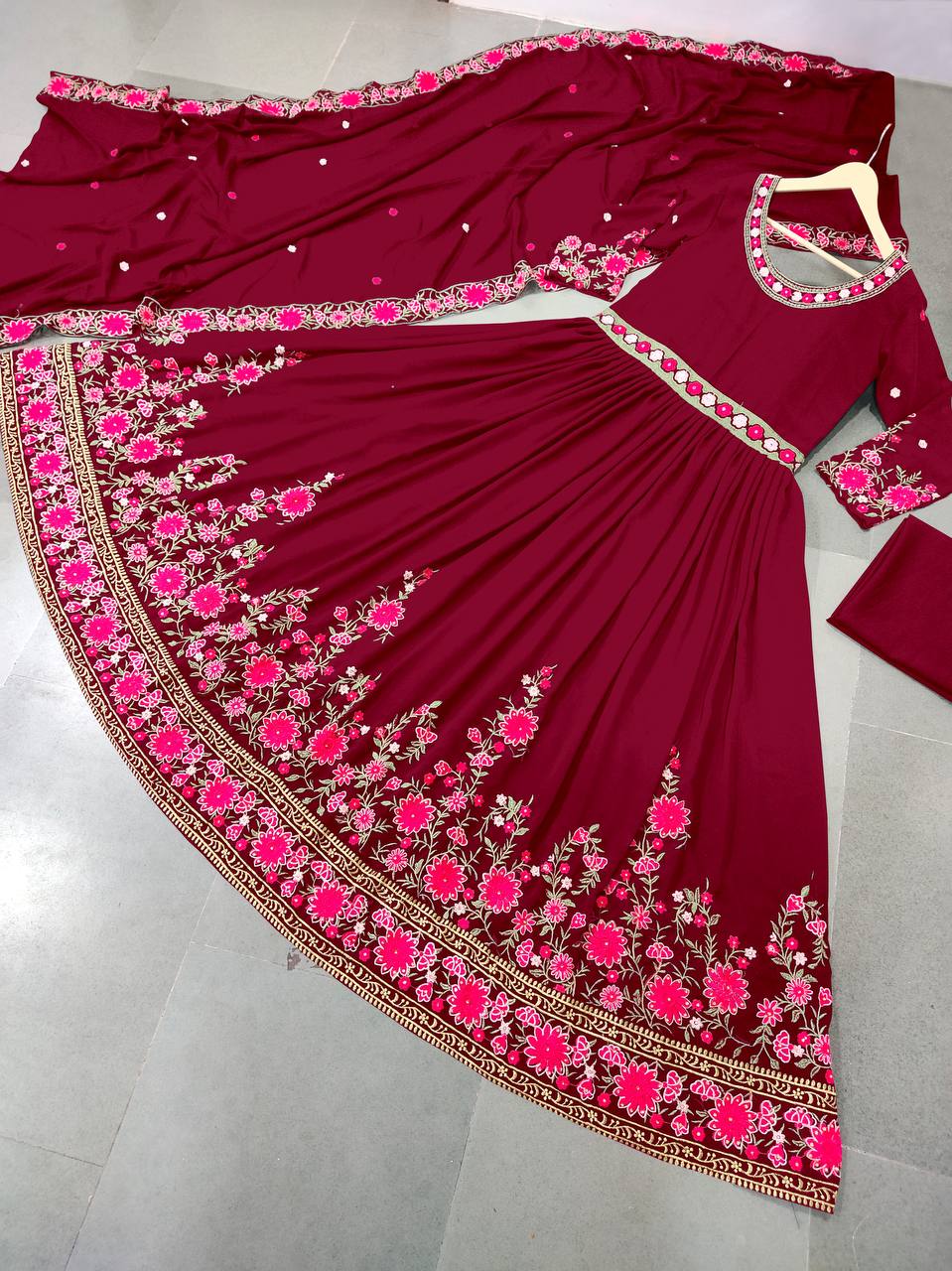 Red Anarkali Suit In Fox Georgette With Embroidery Work