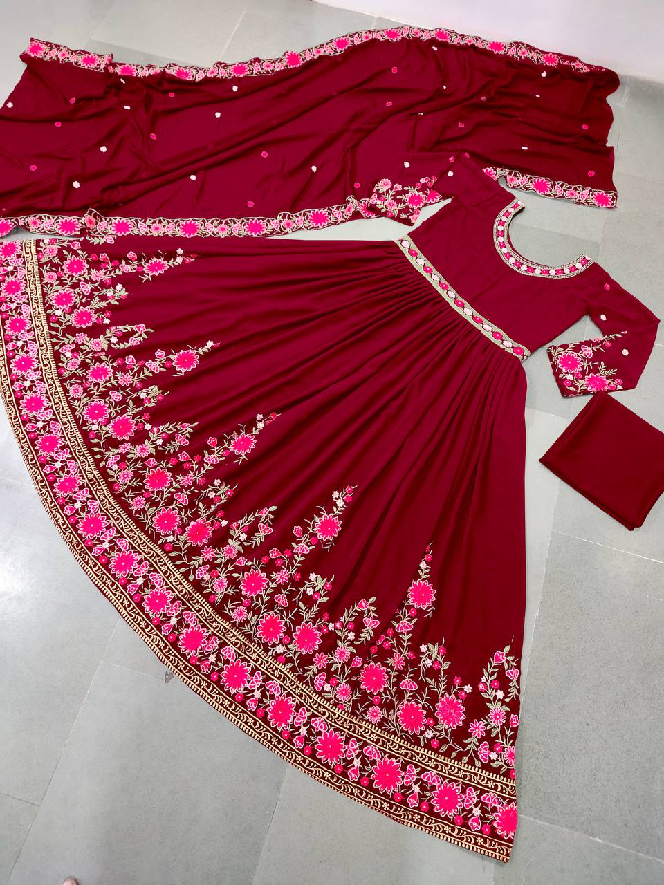 Red Anarkali Suit In Fox Georgette With Embroidery Work