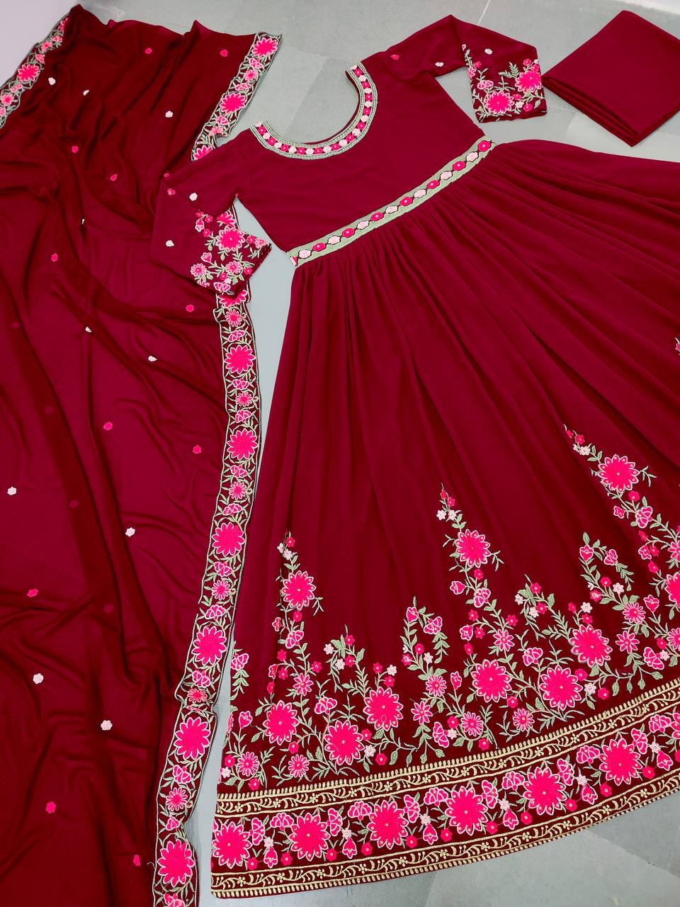 Red Anarkali Suit In Fox Georgette With Embroidery Work