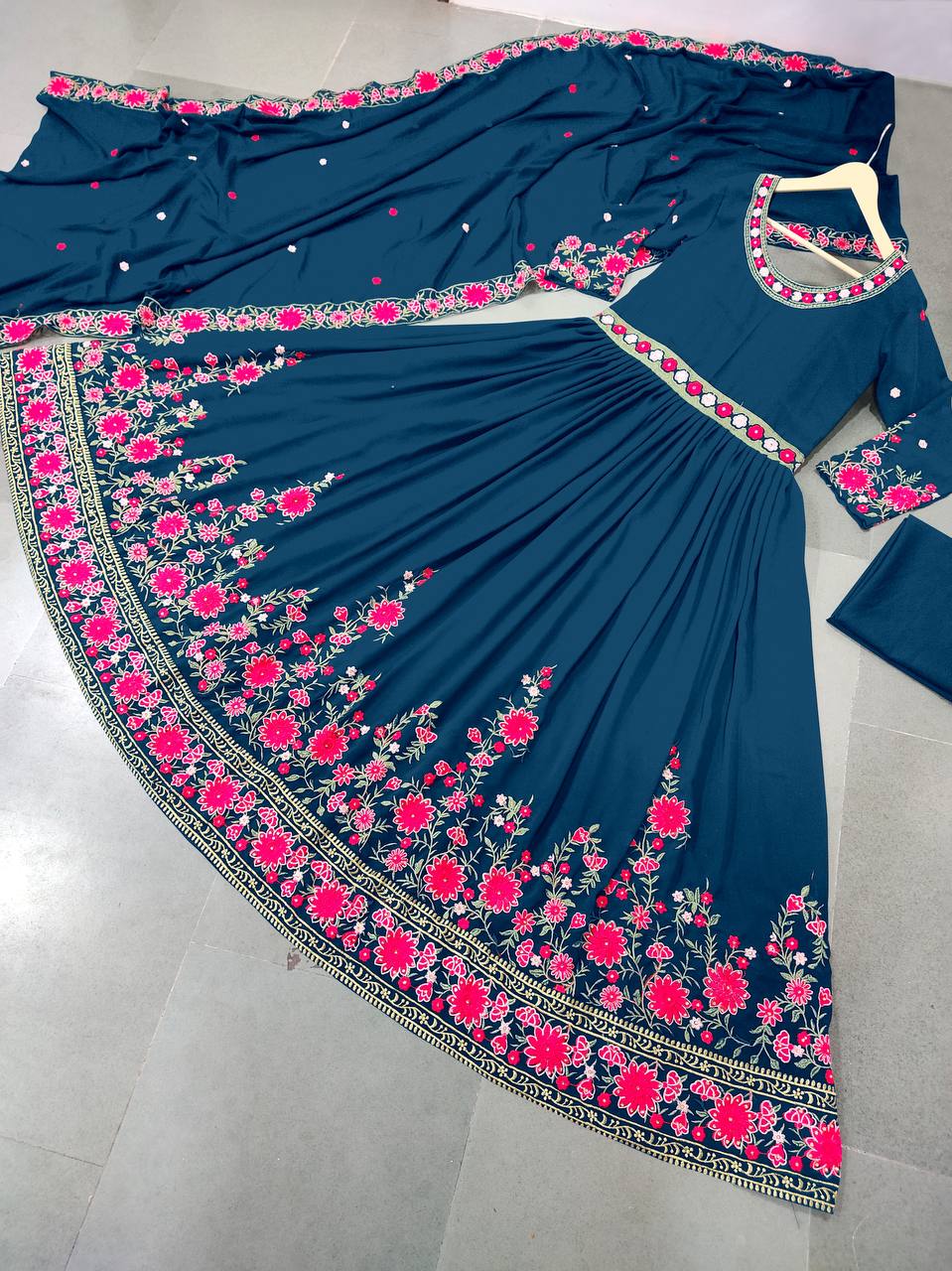 Rama Blue Anarkali Suit In Fox Georgette With Embroidery Work