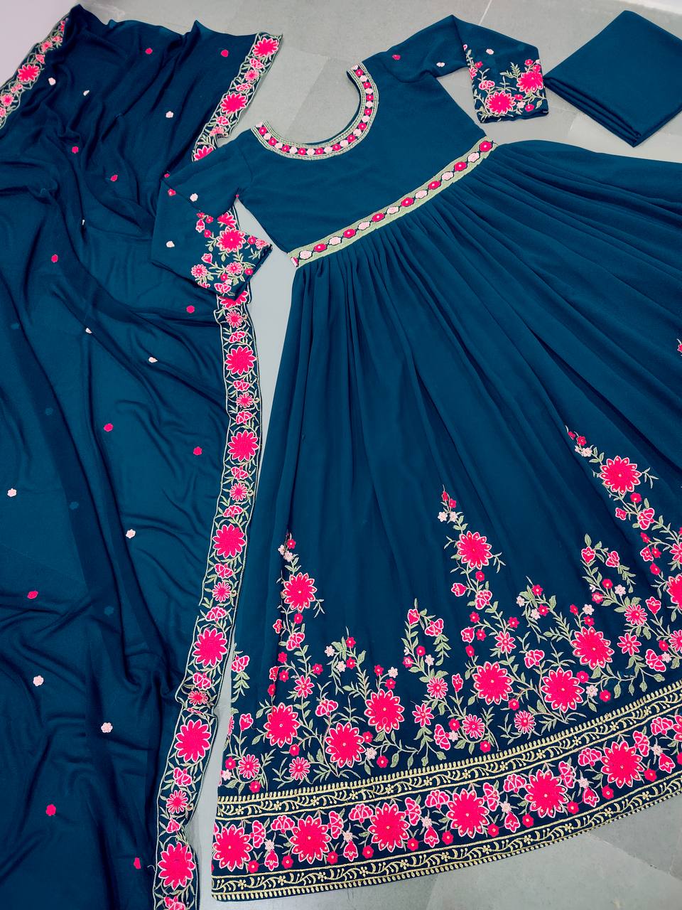 Rama Blue Anarkali Suit In Fox Georgette With Embroidery Work