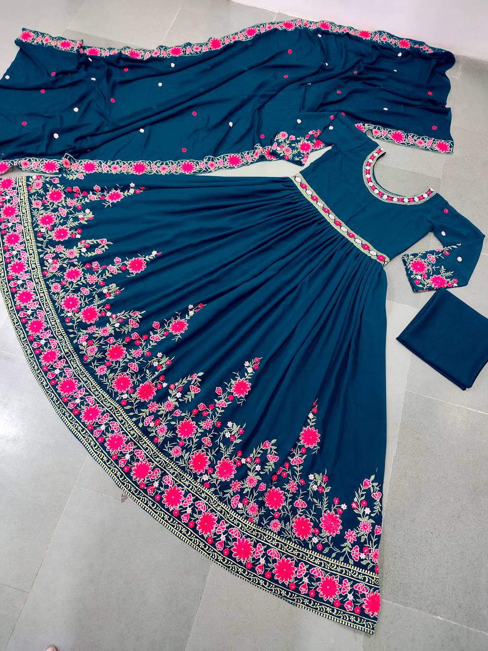 Rama Blue Anarkali Suit In Fox Georgette With Embroidery Work