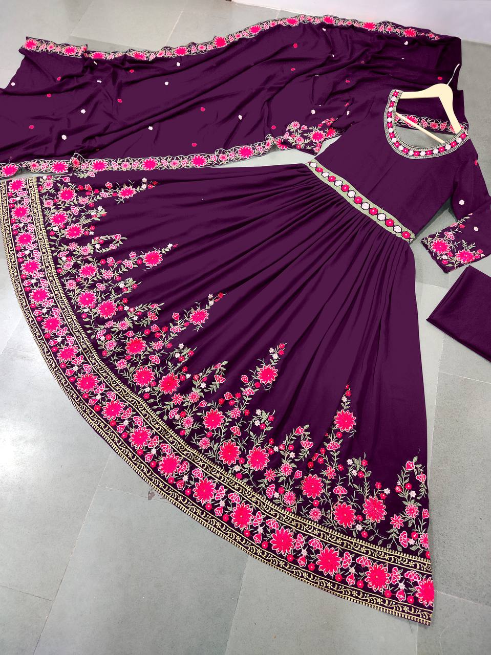 Wine Anarkali Suit In Fox Georgette With Embroidery Work