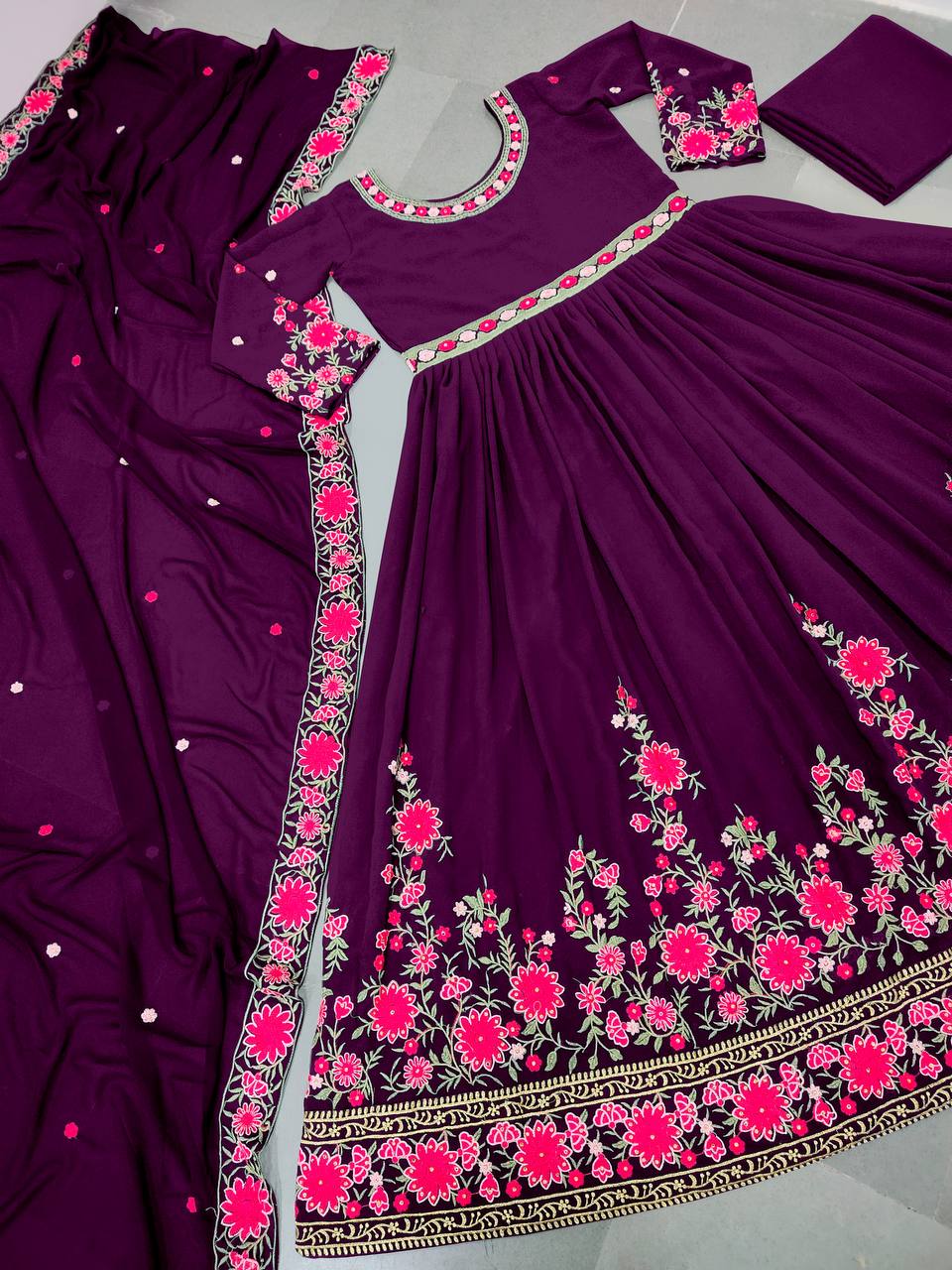 Wine Anarkali Suit In Fox Georgette With Embroidery Work