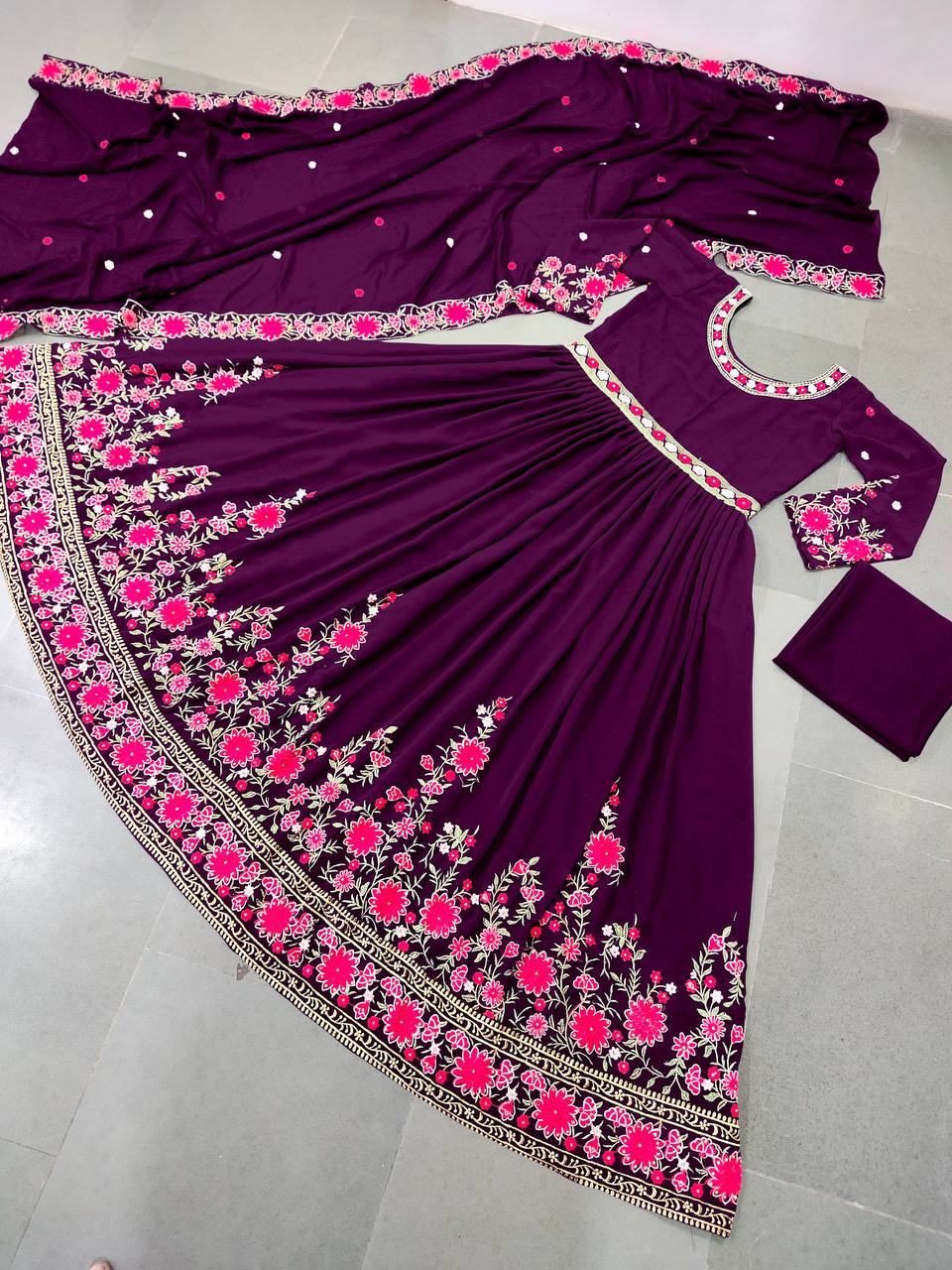 Wine Anarkali Suit In Fox Georgette With Embroidery Work