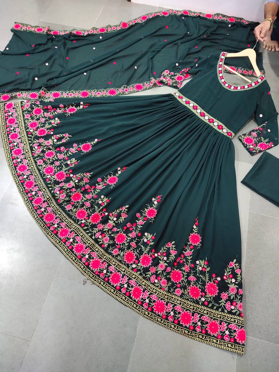 Green Anarkali Suit In Fox Georgette With Embroidery Work