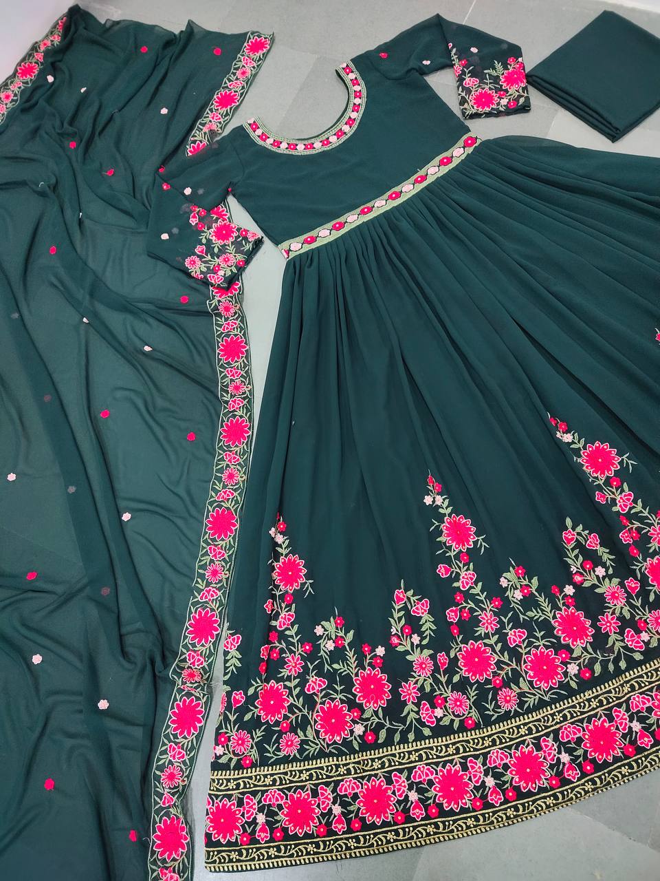 Green Anarkali Suit In Fox Georgette With Embroidery Work