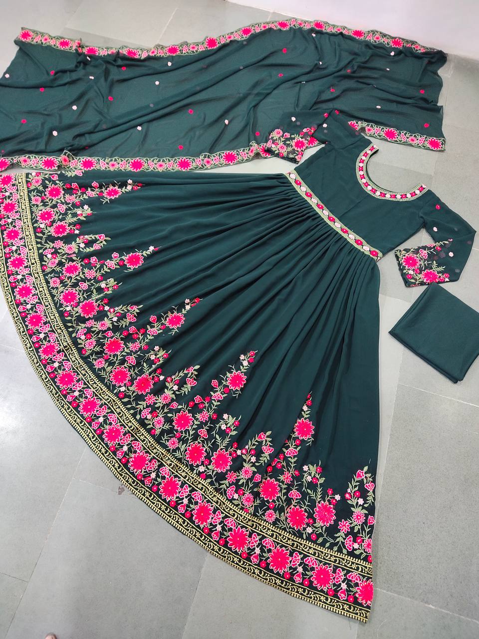 Green Anarkali Suit In Fox Georgette With Embroidery Work