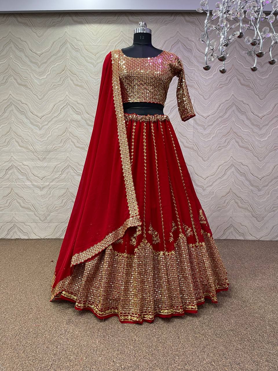 Red Lehenga Choli In Fox Georgette With Embroidery Work