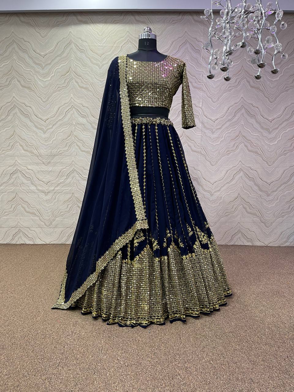 Navy Blue Lehenga Choli In Fox Georgette With Embroidery Work