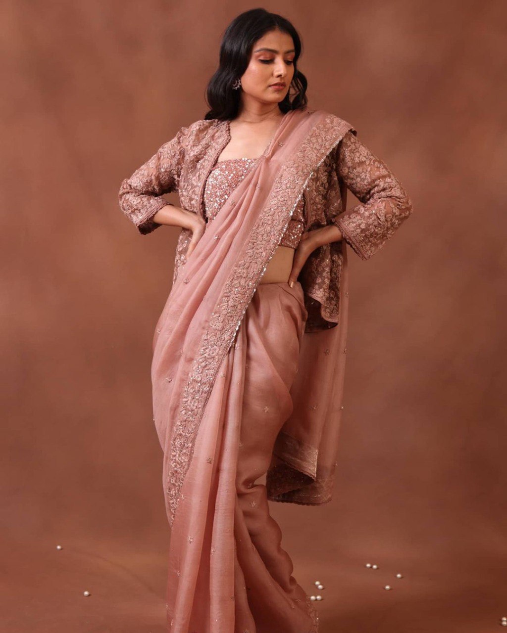 Peach Saree In Organza Silk With Embroidery Work