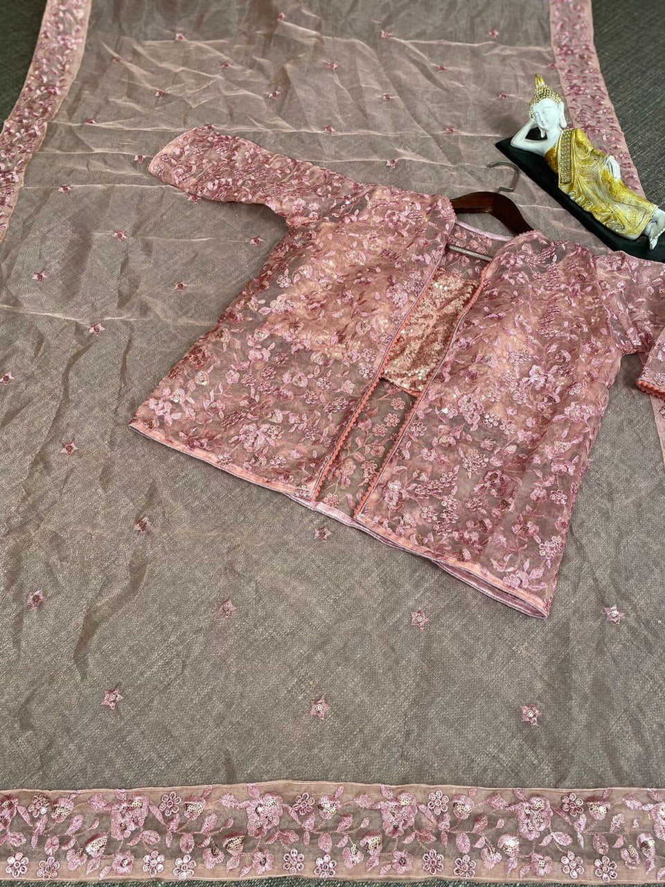 Peach Saree In Organza Silk With Embroidery Work