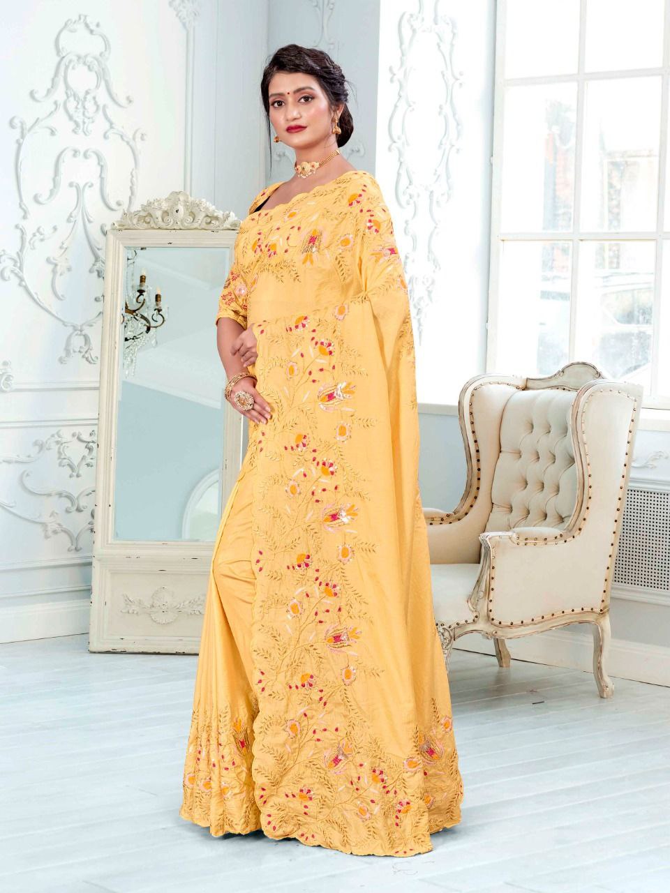 Yellow Saree In Dola Silk With Embroidery Work