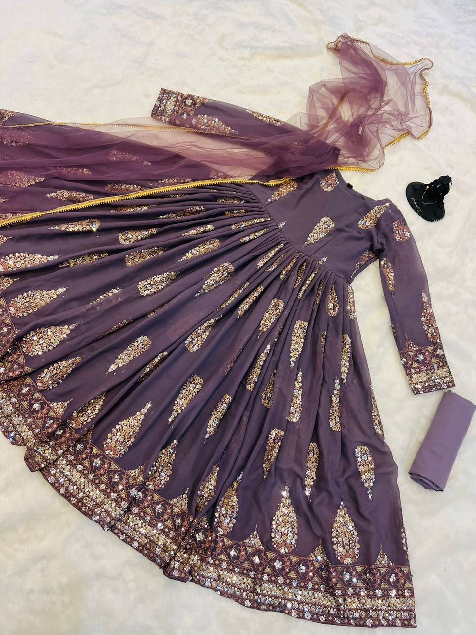 Violet Anarkali Suit In Fox Georgette With 3 MM,5 MM Sequence Work