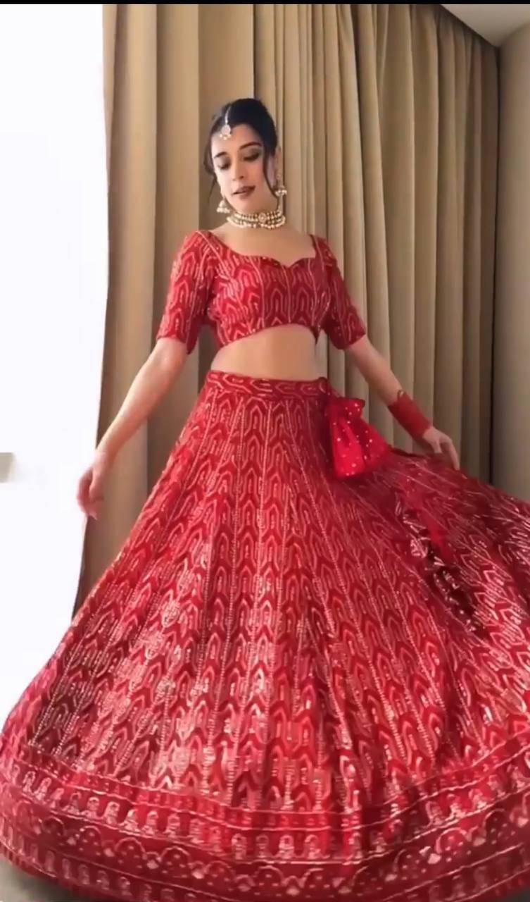 Red Lehenga Choli In Georgette Silk With Sequence Work