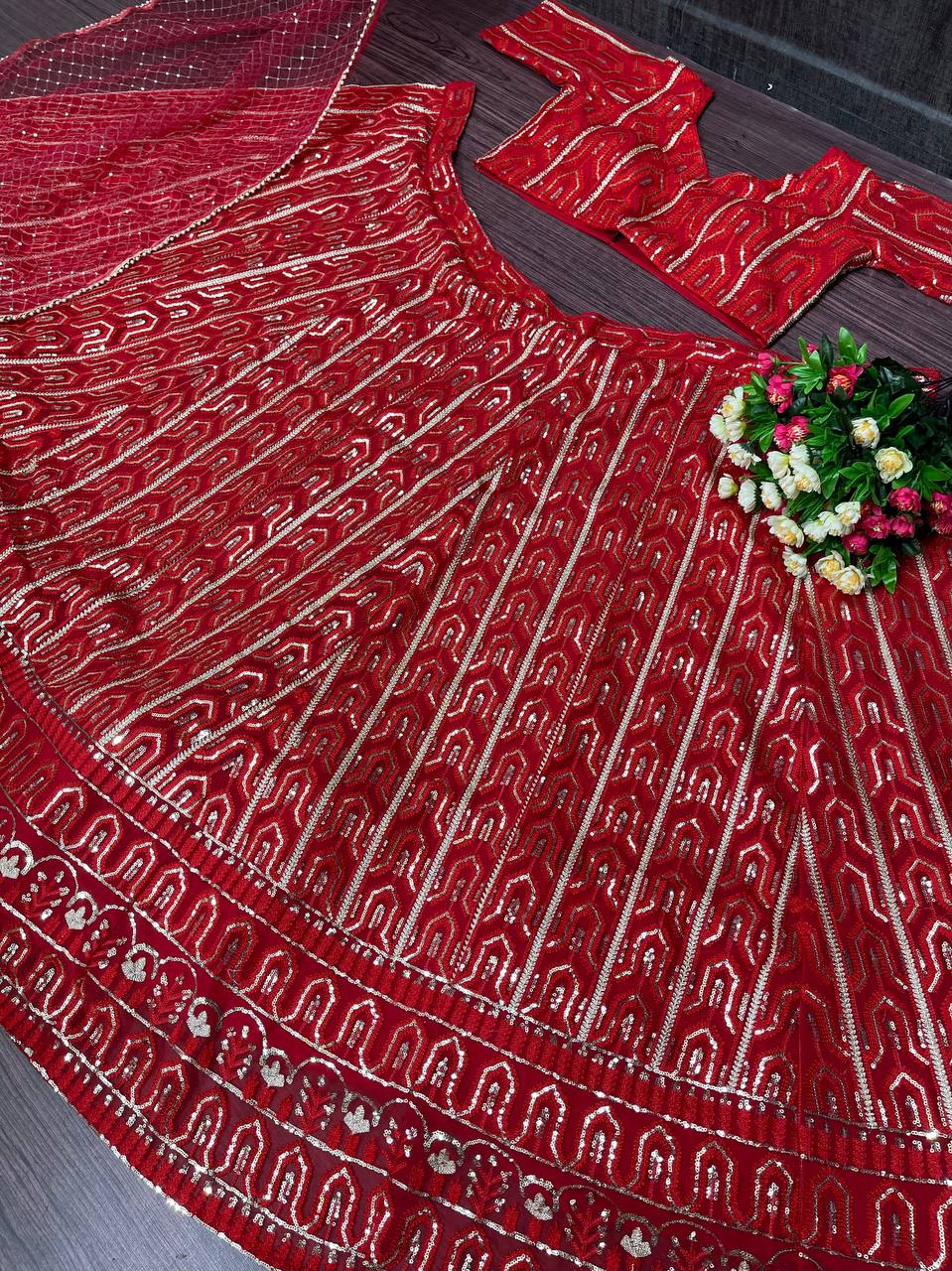 Red Lehenga Choli In Georgette Silk With Sequence Work