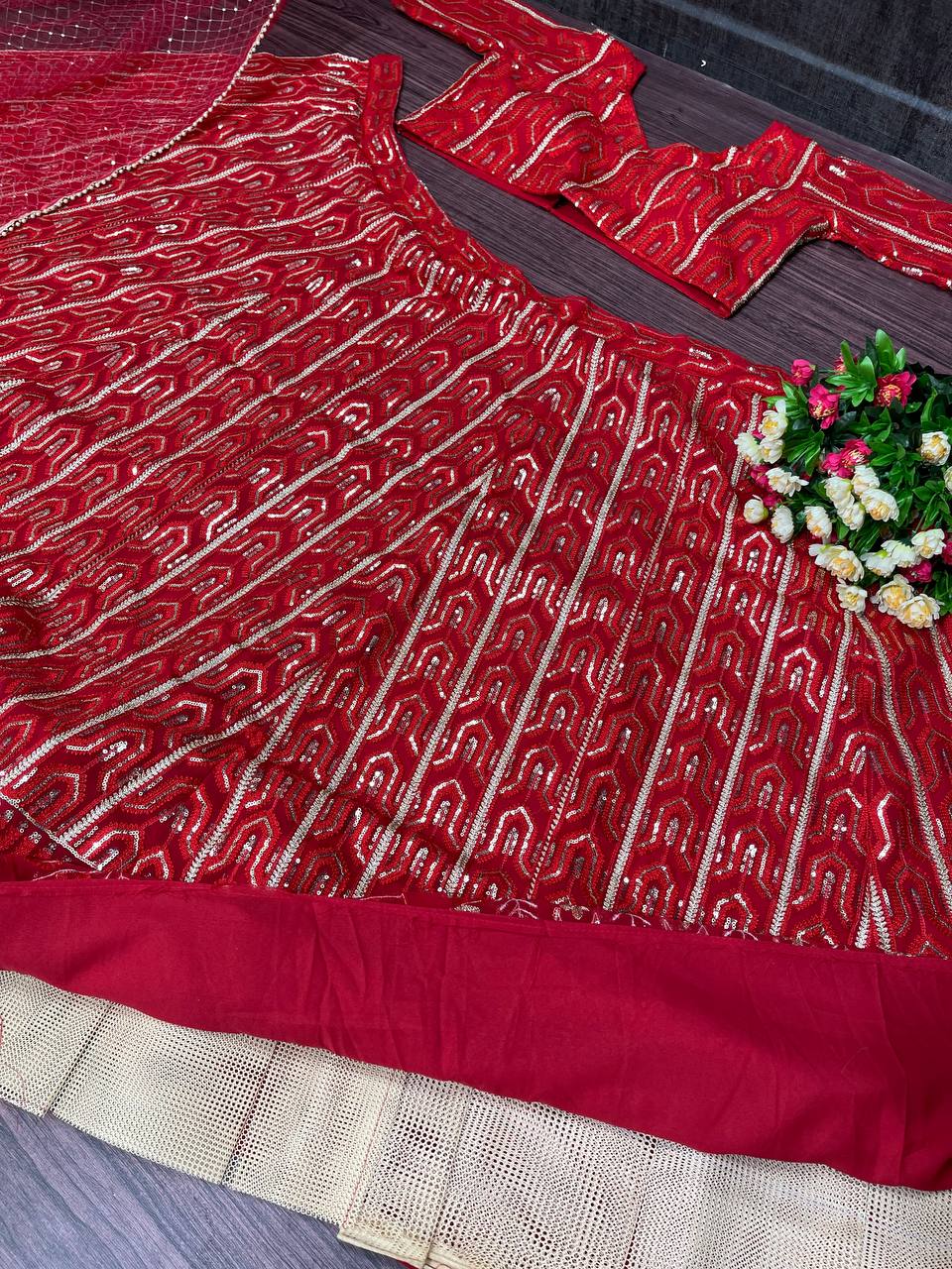 Red Lehenga Choli In Georgette Silk With Sequence Work