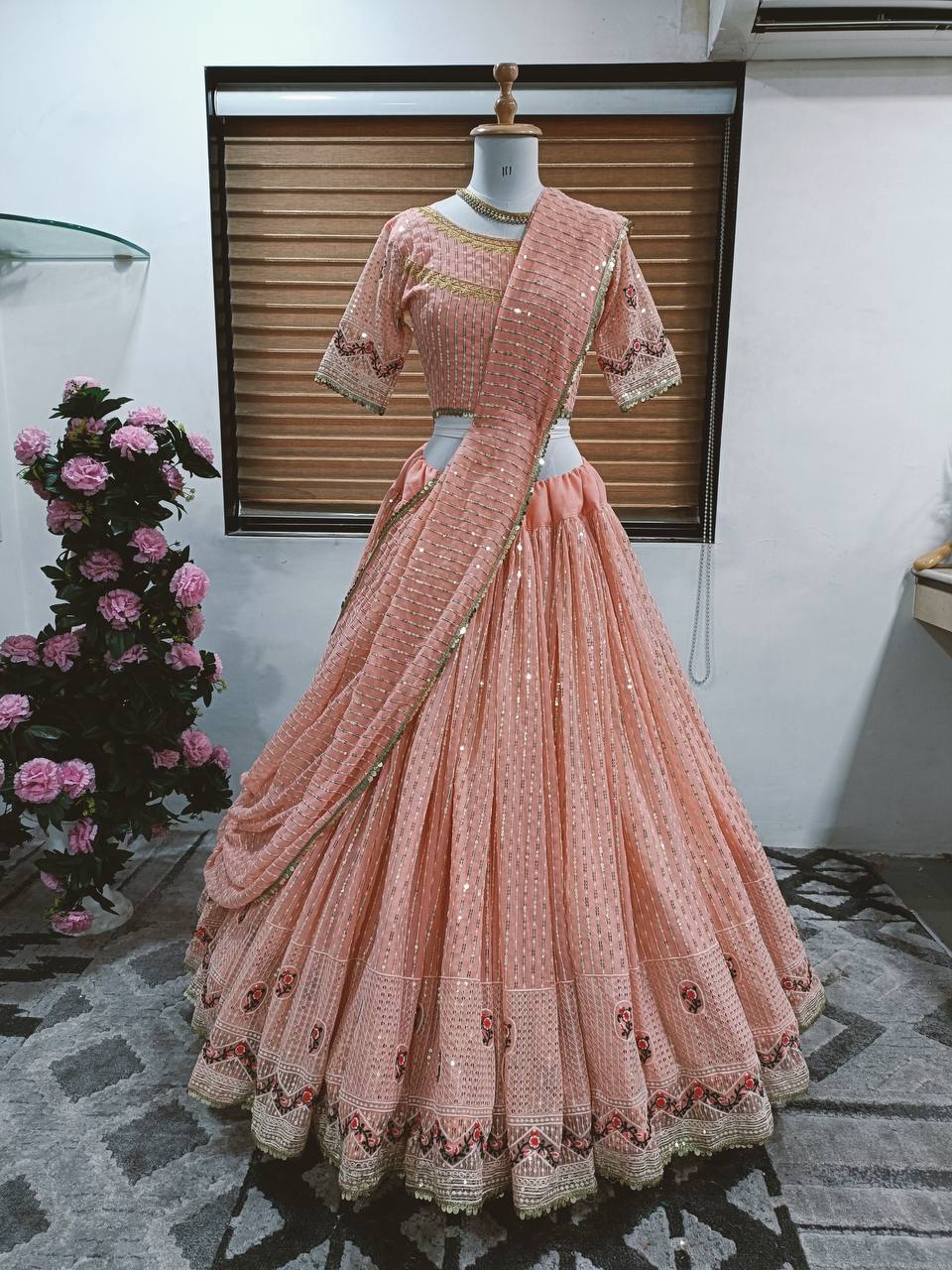 Peach Lehenga Choli In Fox Georgette With Sequence Work