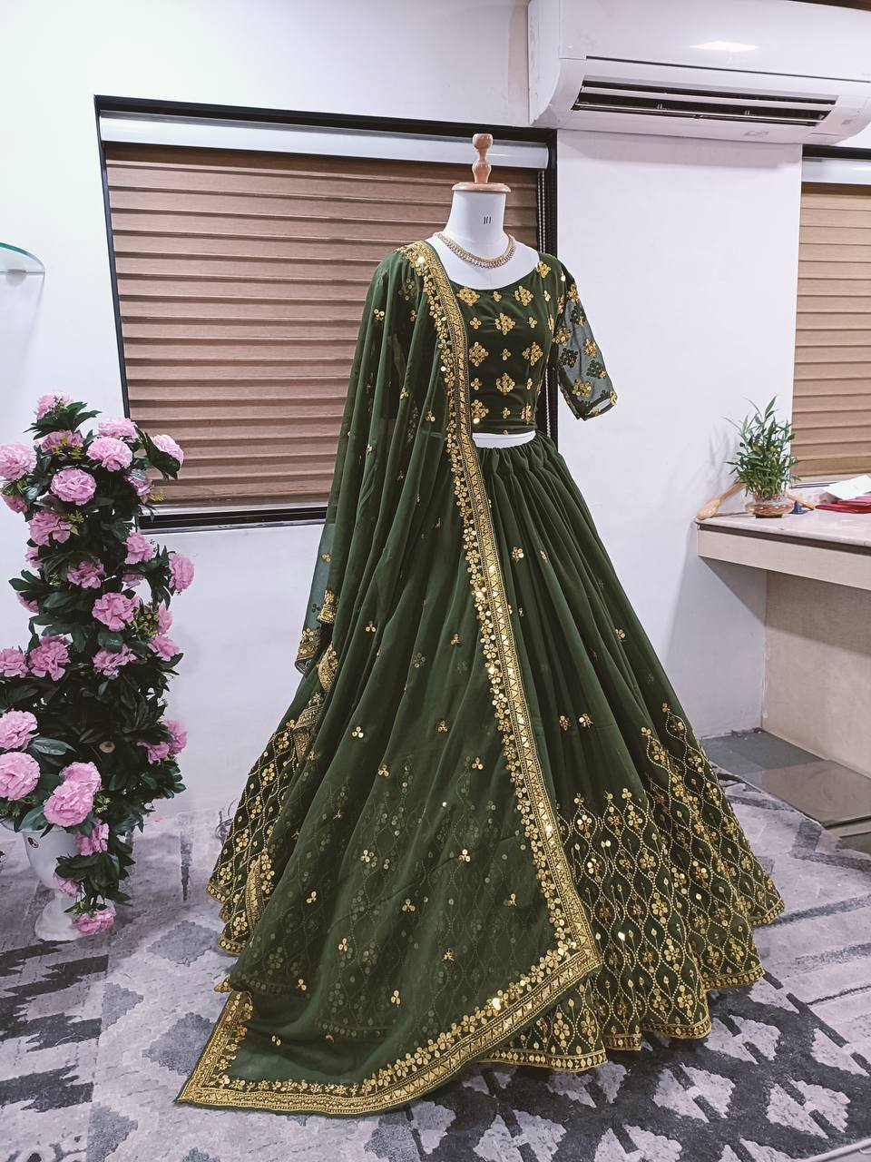 Mehendi Green Lehenga Choli In Fox Georgette With 9 MM Sequence Work