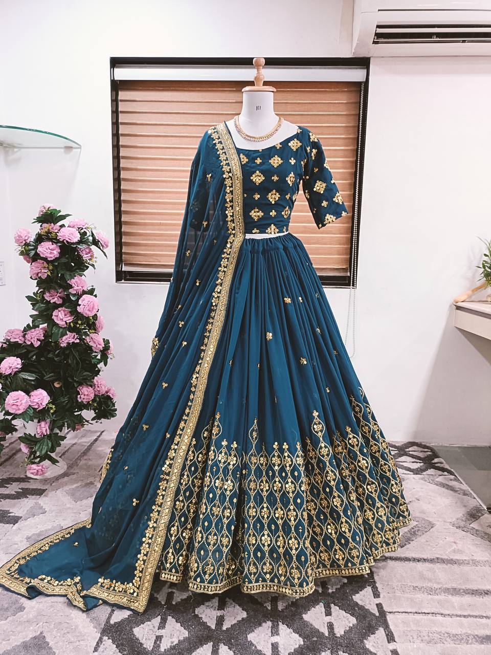 Rama Lehenga Choli In Fox Georgette With 9 MM Sequence Work